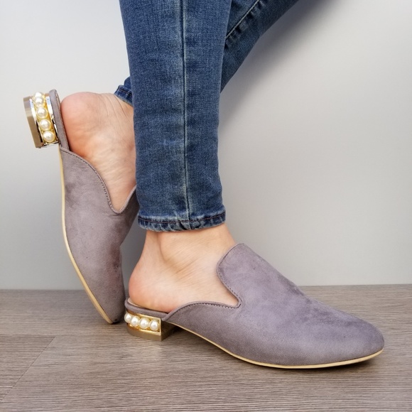 Suede Slip On Loafer Mule Pearl Accents on Heel-G - Picture 5 of 7